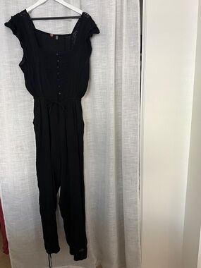 Free People Black Lace-Trim Button-Front Jumpsuit